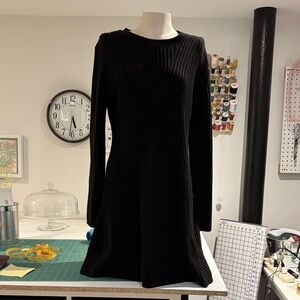 Classic Black Ribbed Long-Sleeve Knit Dress